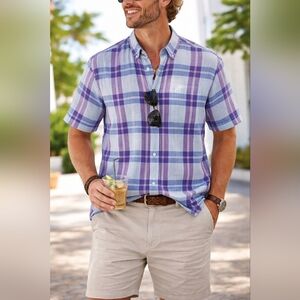 Tommy Bahama Relax Linen Shirt Men’s Large Blue Purple Plaid Short Sleeve